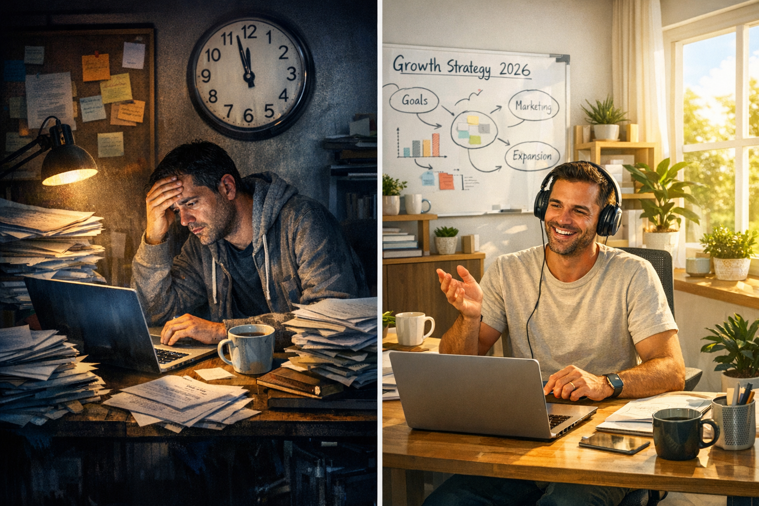 A stressed, overworked freelancer next to as relaxed, happy life-first solopreneur