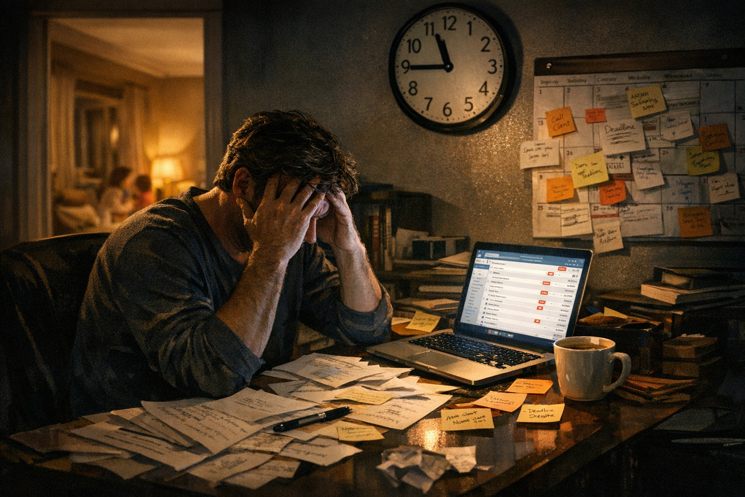 A stressed solopreneur working late with family in the background.