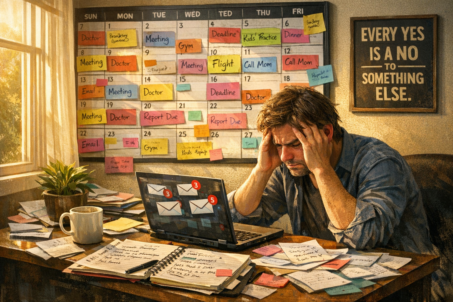 Stressed solopreneur with a loaded calendar