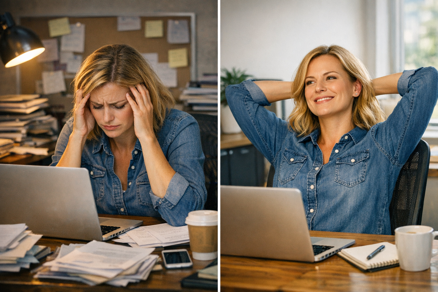 Woman at her desk looking stressed and then looking relaxed