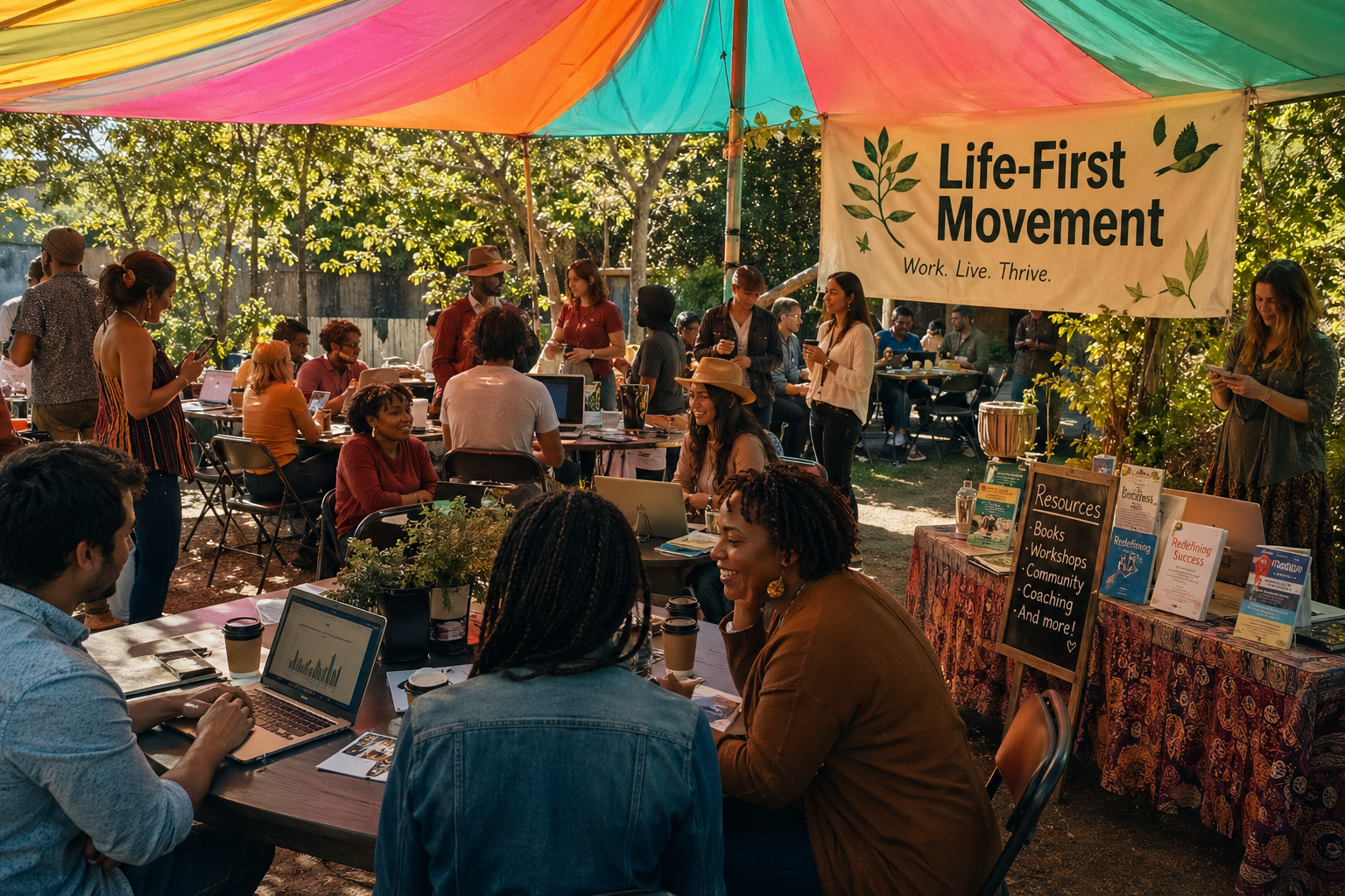 A vibrant outdoor scene captures a diverse group of solopreneurs gathered under a large, colorful tent at a community event. Laptops are open, and various digital devices are in use, as attendees engage in animated discussions. Sunlight filters through the leaves of nearby trees, casting playful shadows on the ground. In the background, a banner reads 